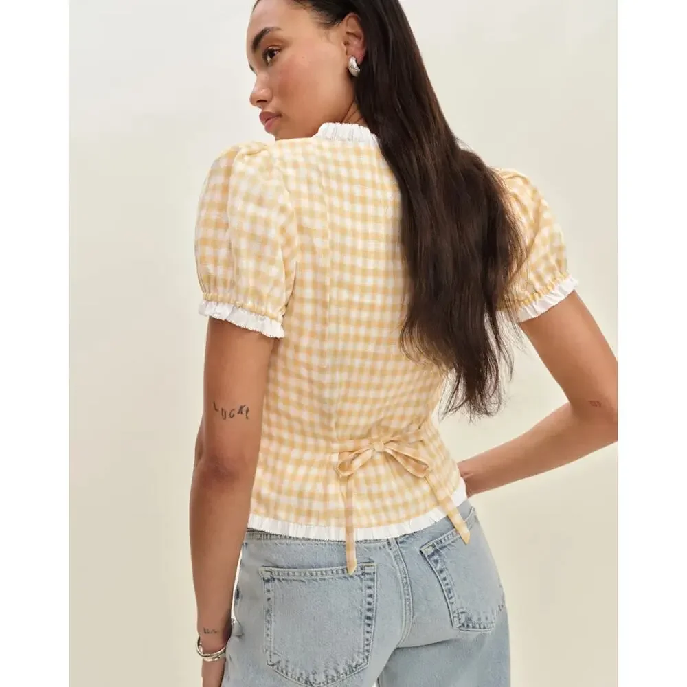 REFORMATION Rosemary Linen Top in Sunshine Check Size 6